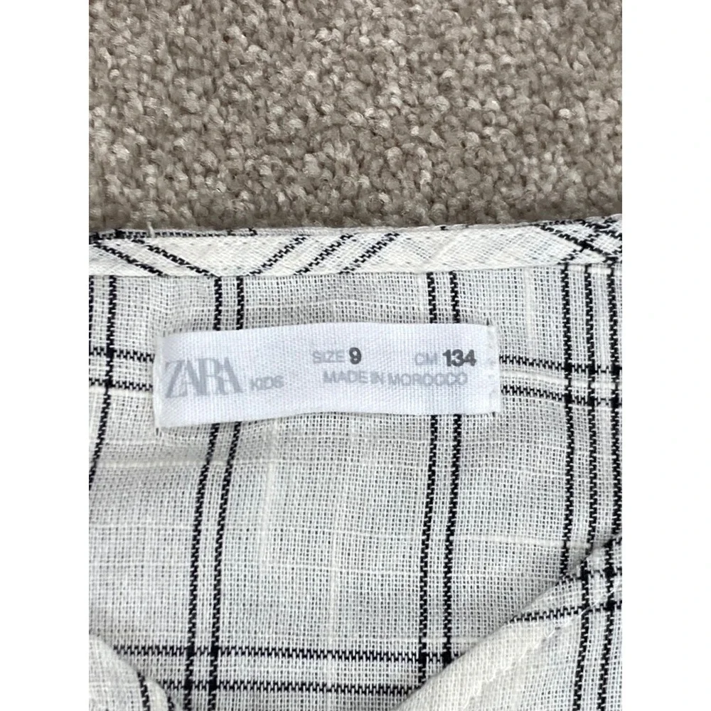 Zara Kids Plaid Blouse Size 9 Cream Black Button Front Elastic Hem Cottagecore